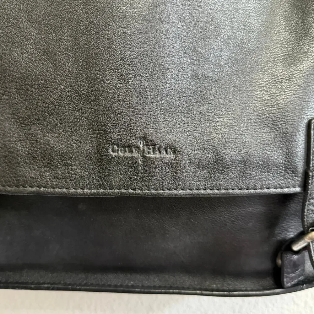 Cole Haan Black Leather Messenger Laptop Bag Briefcase Crossbody Work Travel